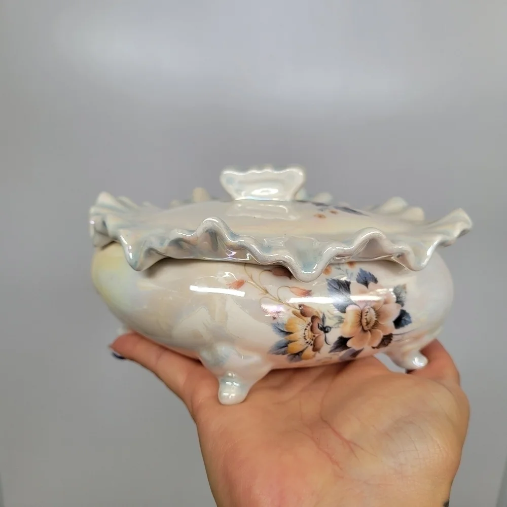 Vintage Porcelain Luster Jewelry Trinket Box Floral Victorian Floral Cottagecore